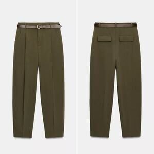 NWT Zara Olive Green Khaki Relaxed Dress Pants Belted